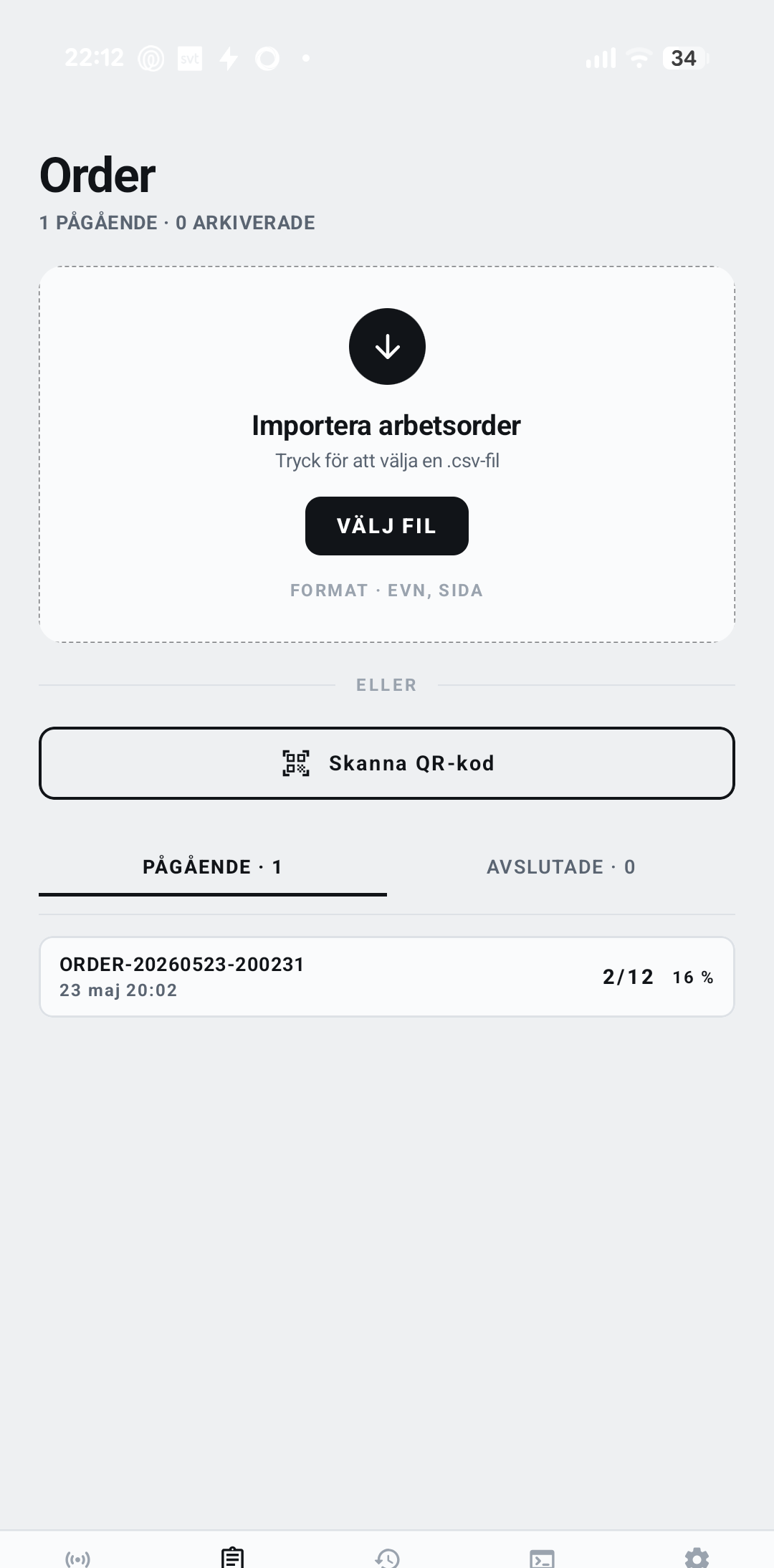 Order-fliken med 1 pågående order