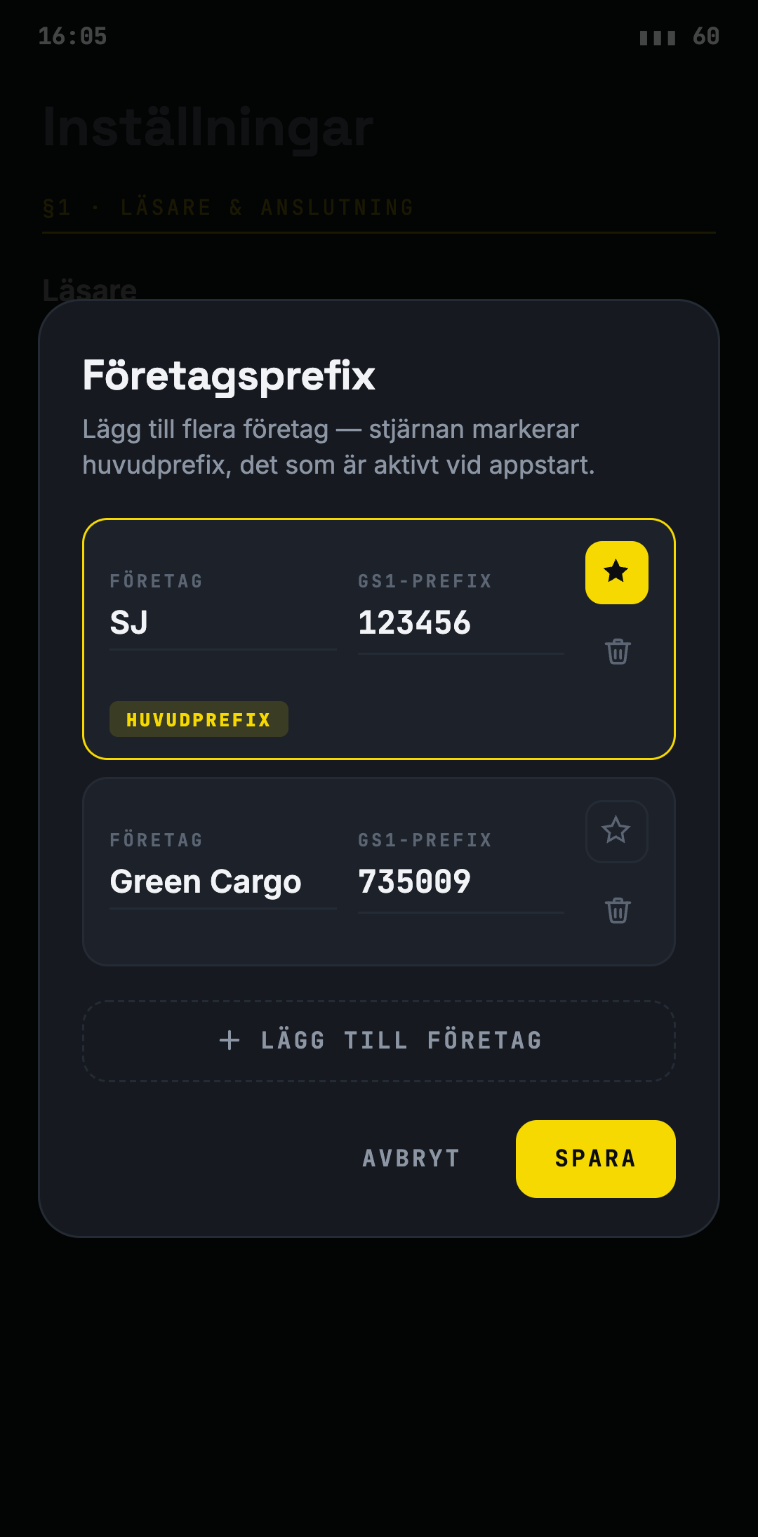 Dialog för att hantera flera företagsprefix