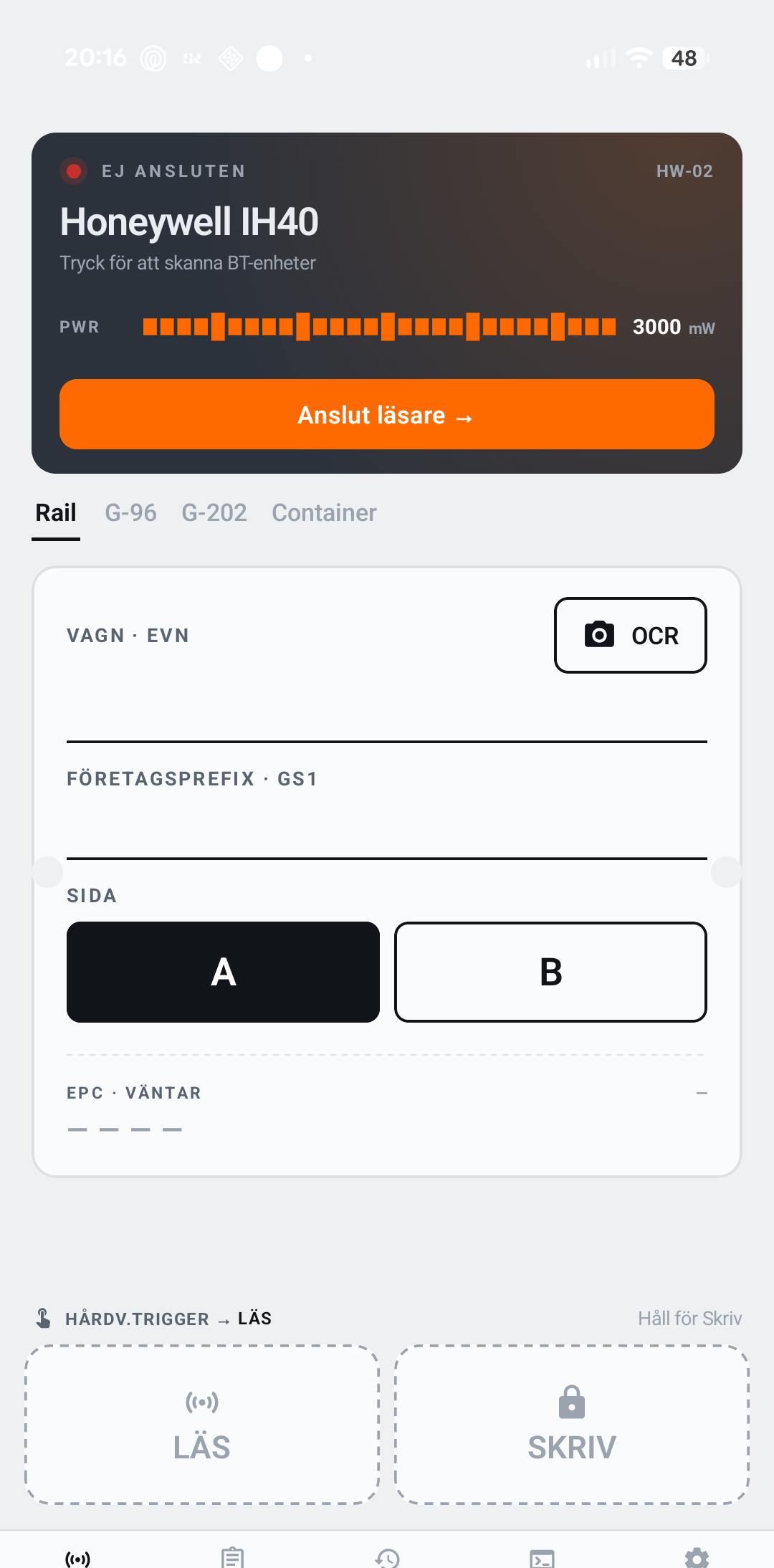 Read-fliken ej ansluten — orange anslut-knapp