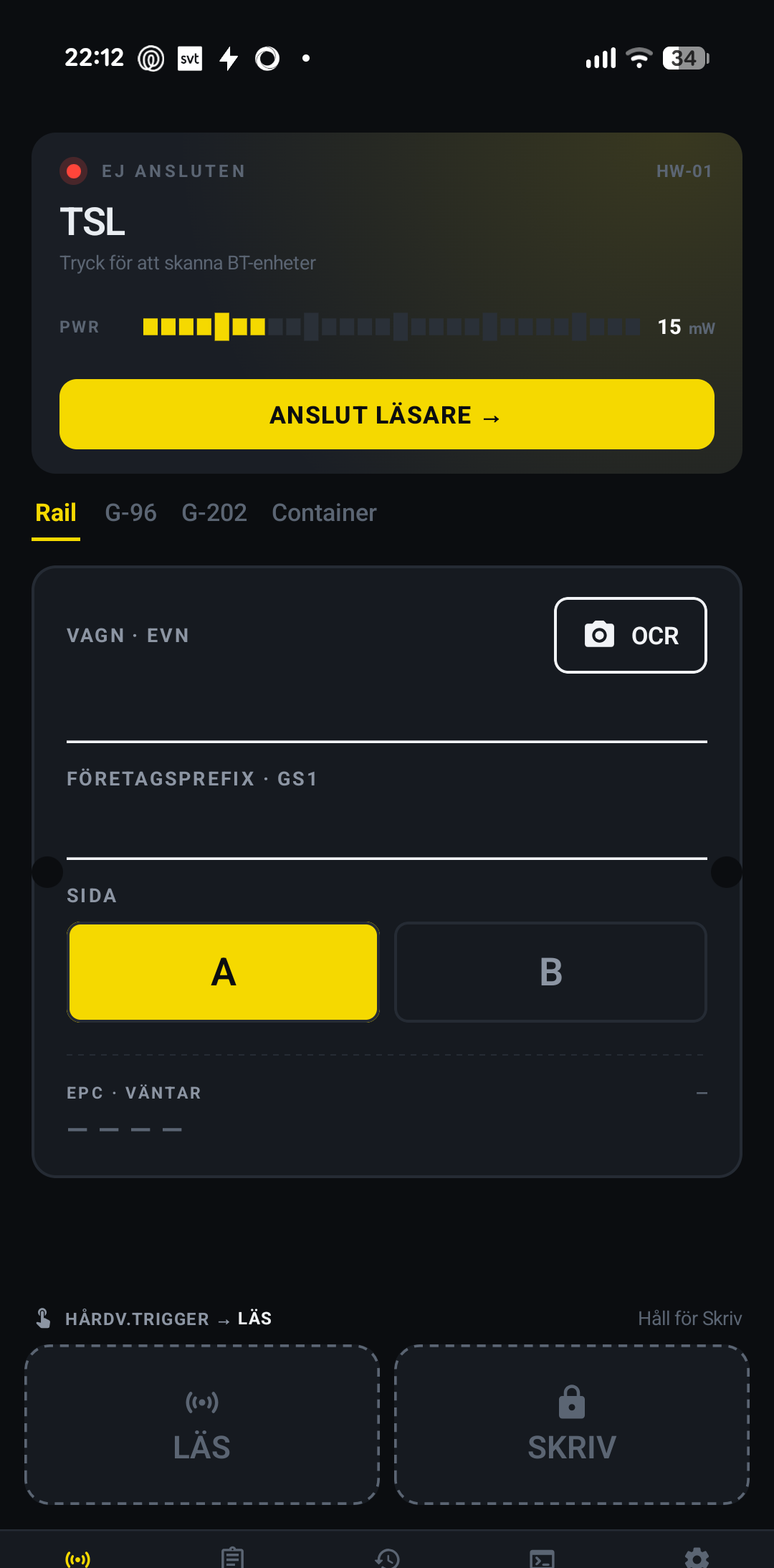Read-fliken i mörkt läge — TSL ej ansluten