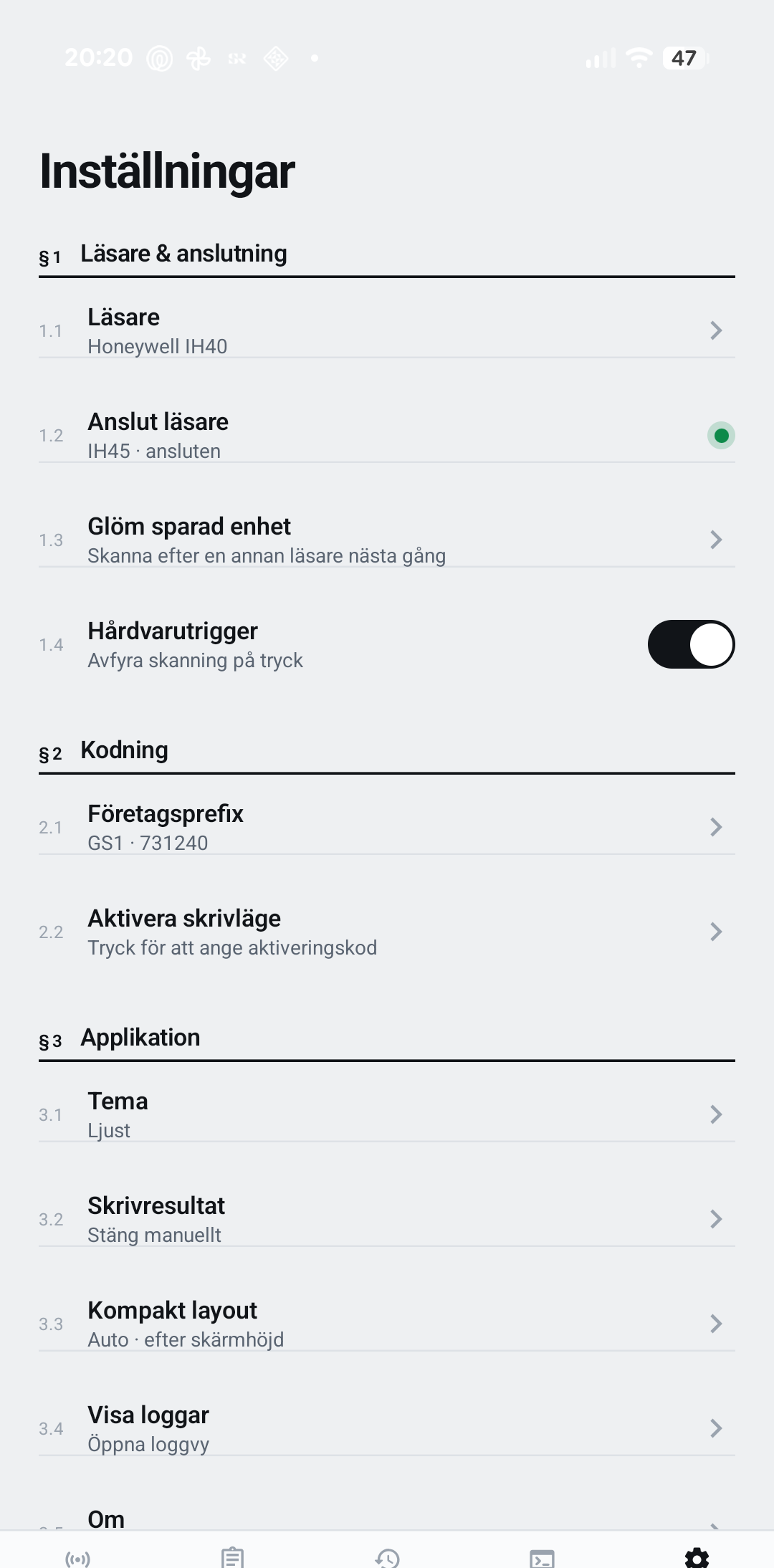 Inställningar — Aktivera skrivläge under §2