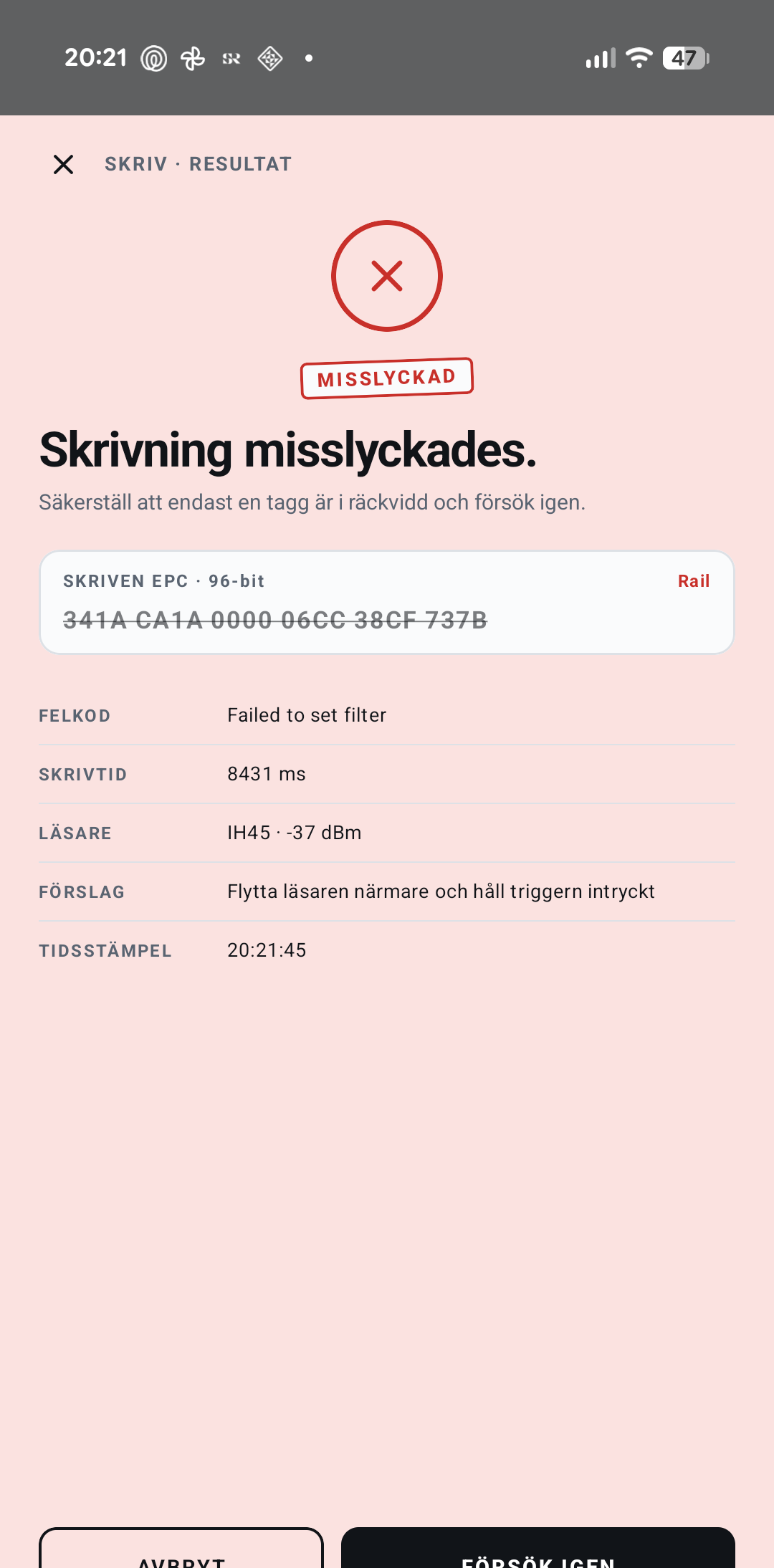Skriv-resultat misslyckad