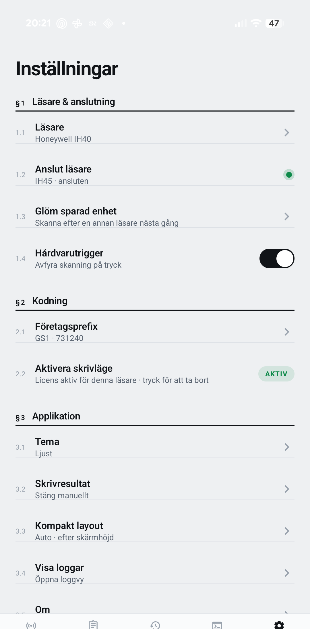 Inställningar med aktiv skrivläge-licens