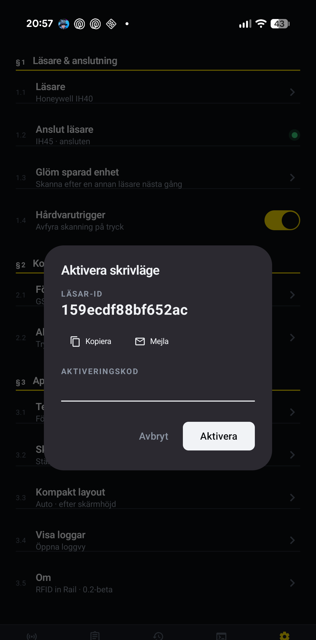 Dialog för att aktivera skrivläge med läsar-ID