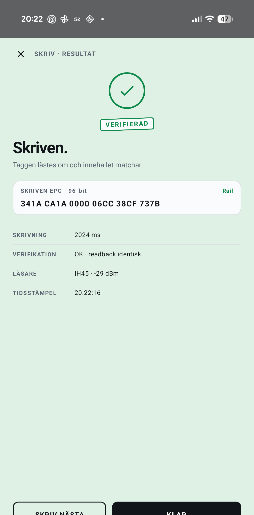 VERIFIERAD write-resultat